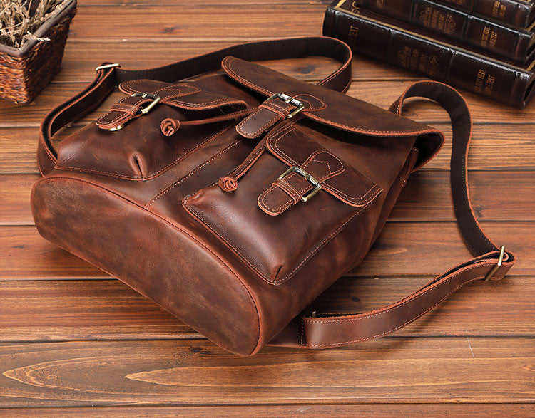 handcrafted distressed leather laptop backpack with smart side-pockets and anti-theft back pocket