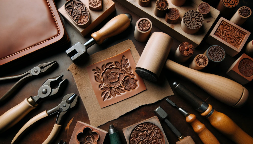 Établi de travail du cuir avec un outil de gaufrage pressant un motif floral dans un morceau de cuir tan avec divers tampons et outils de gaufrage