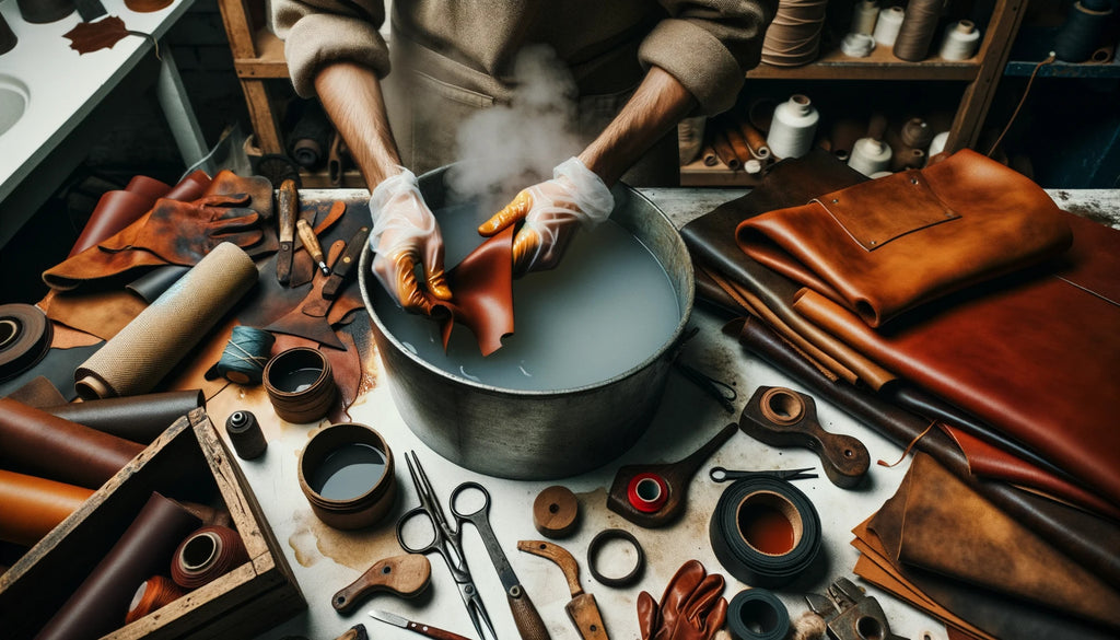 leather worker wearing protective gloves carefully placing a leather piece into a container of steaming water