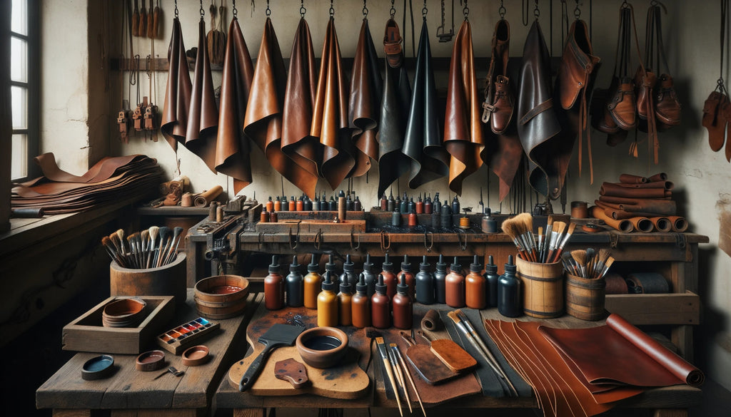 atelier de cuir avec des pièces de cuir suspendues, une station de teinture au centre avec des brosses, des éponges et des flacons de différentes teintes.