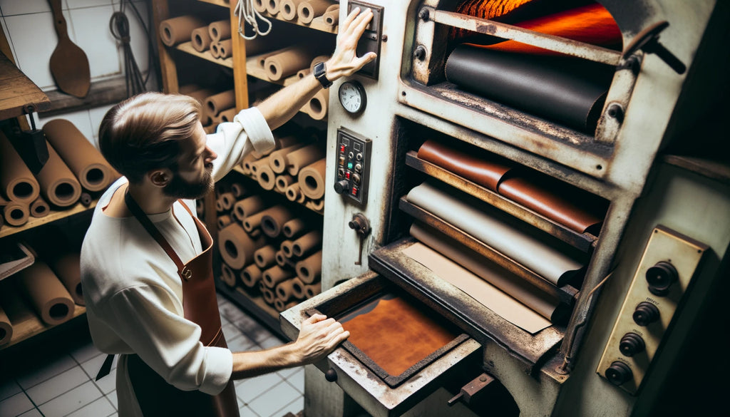 leather workshop with a specialized oven designed for leather baking with A craftsman observing as a piece of leather begins to stiffen