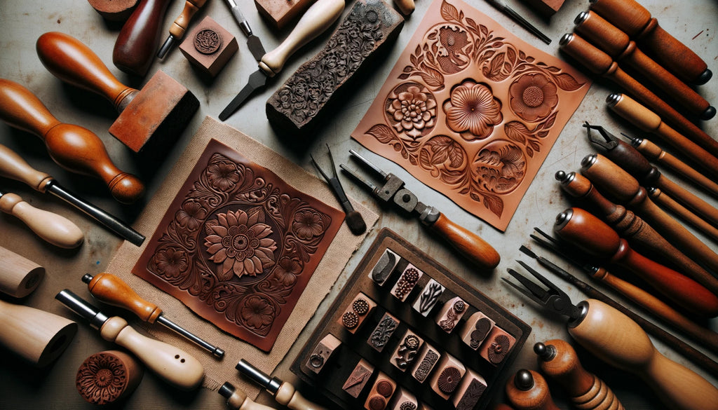 atelier de cuir avec deux sections à gauche une pièce de cuir en train d'être gaufrée avec un motif floral