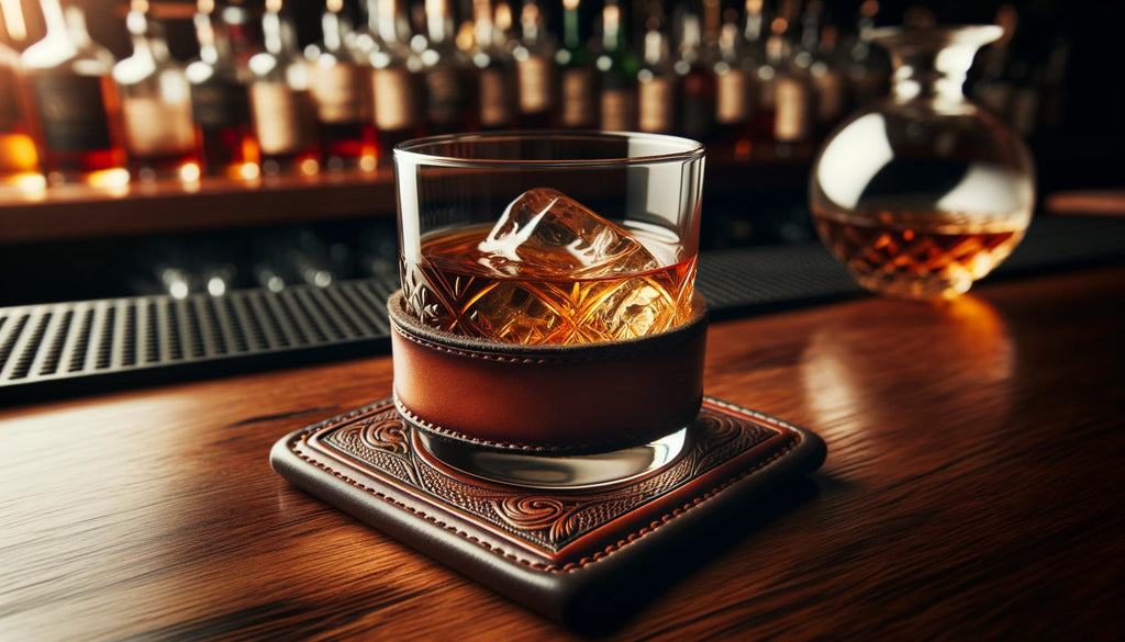 leather wrapped whiskey glass filled with amber liquid placed on a leather coaster with intricate embossing