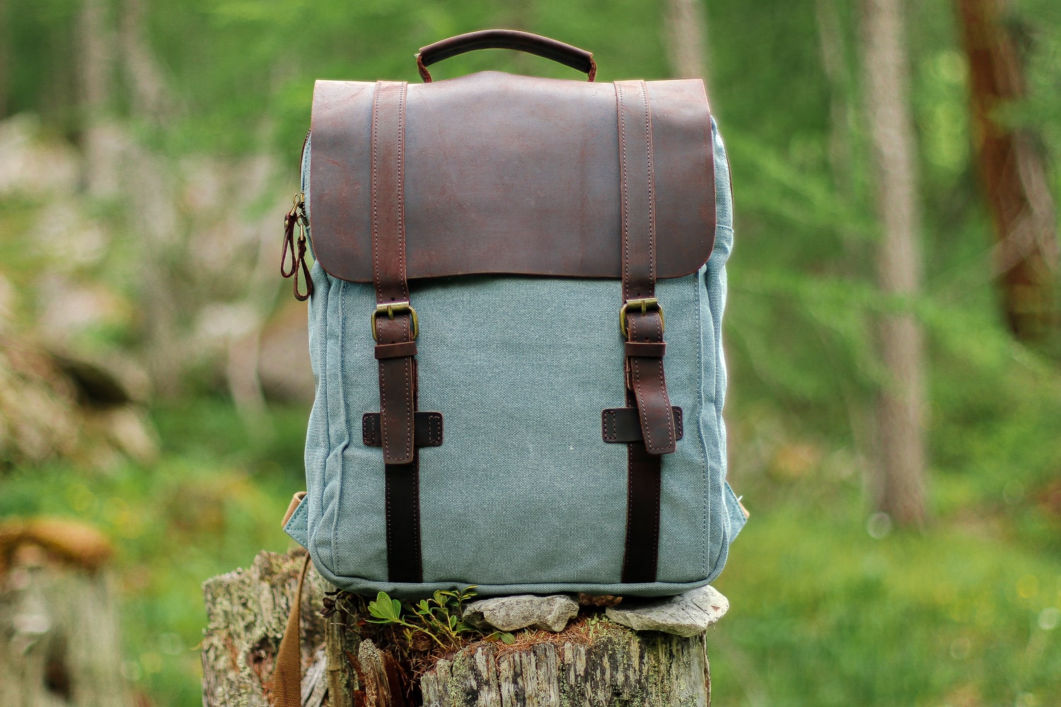 light blue vintage canvas rucksack backpack