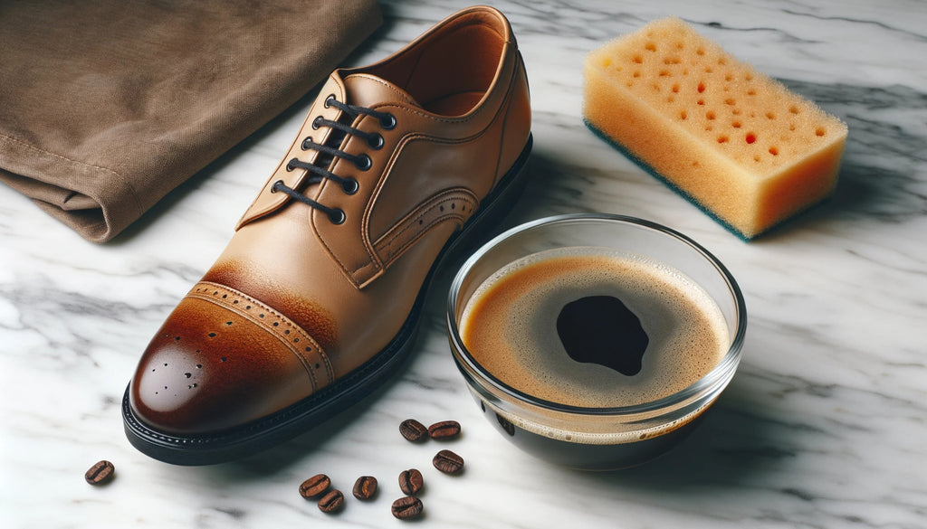 light tan leather shoe on a marble countertop One half of the shoe appears darker showing the effect of coffee staining