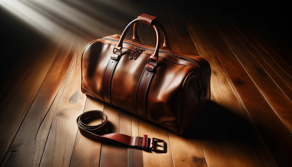 luxurious leather duffel bag placed on a wooden floor with a spotlight illuminating its rich texture and fine details