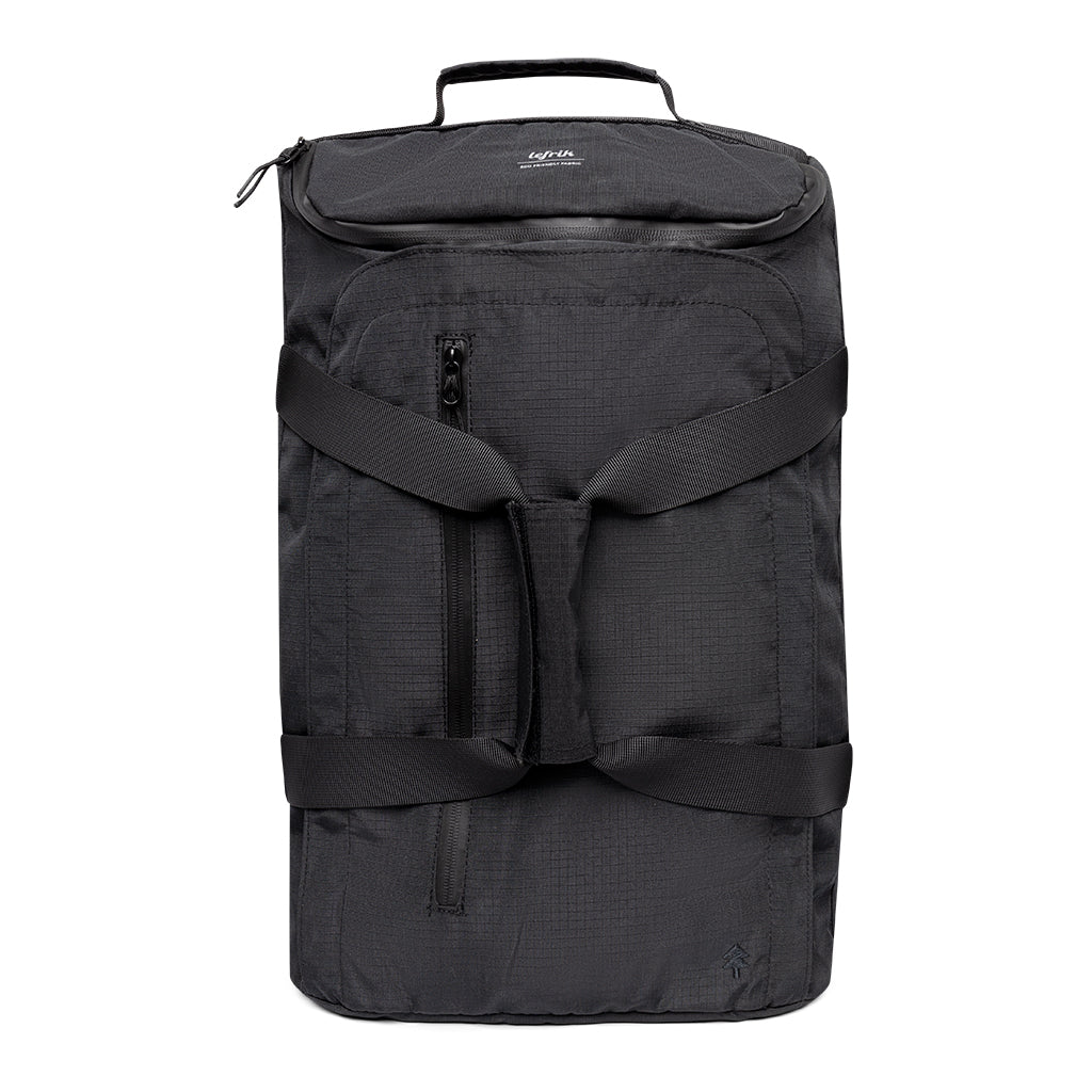 Vue de face du sac à dos convertible de voyage durable noir par Lefrik