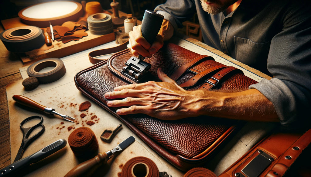man carefully texturing the leather of a messenger bag to reintroduce its original pebbled texture