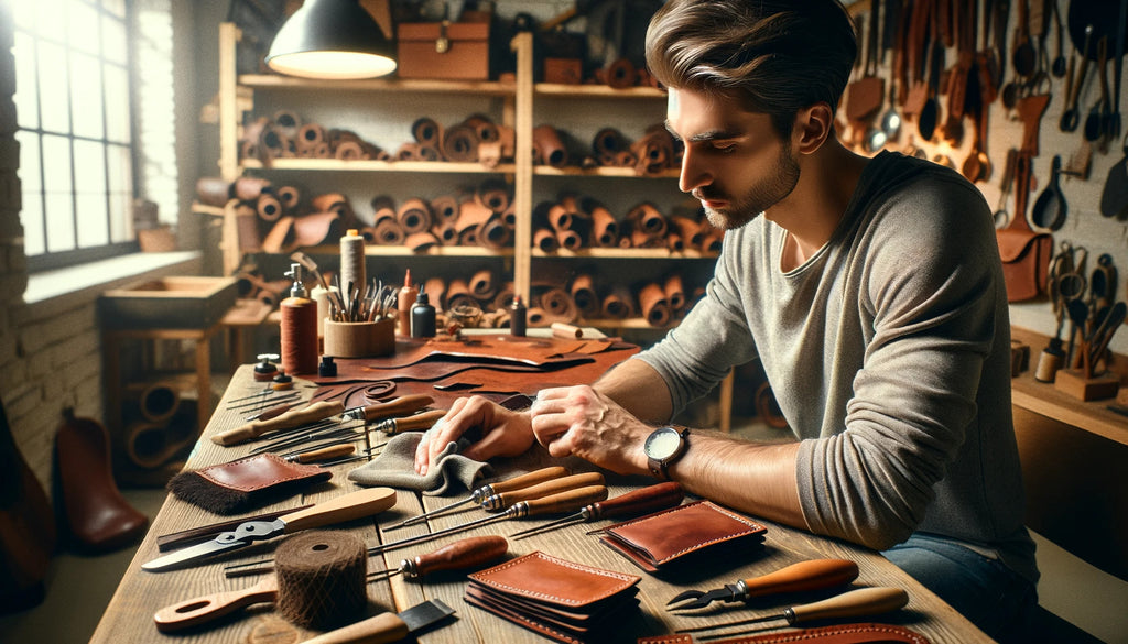 man cleaning his leather pyrography tools with a cloth