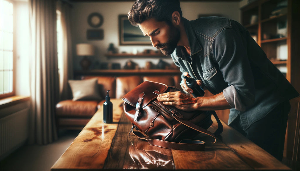 man conditioning a faux leather backpack in his living room