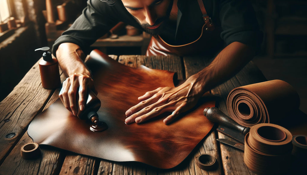 homme conditionnant un morceau de cuir pleine fleur sur une table en bois