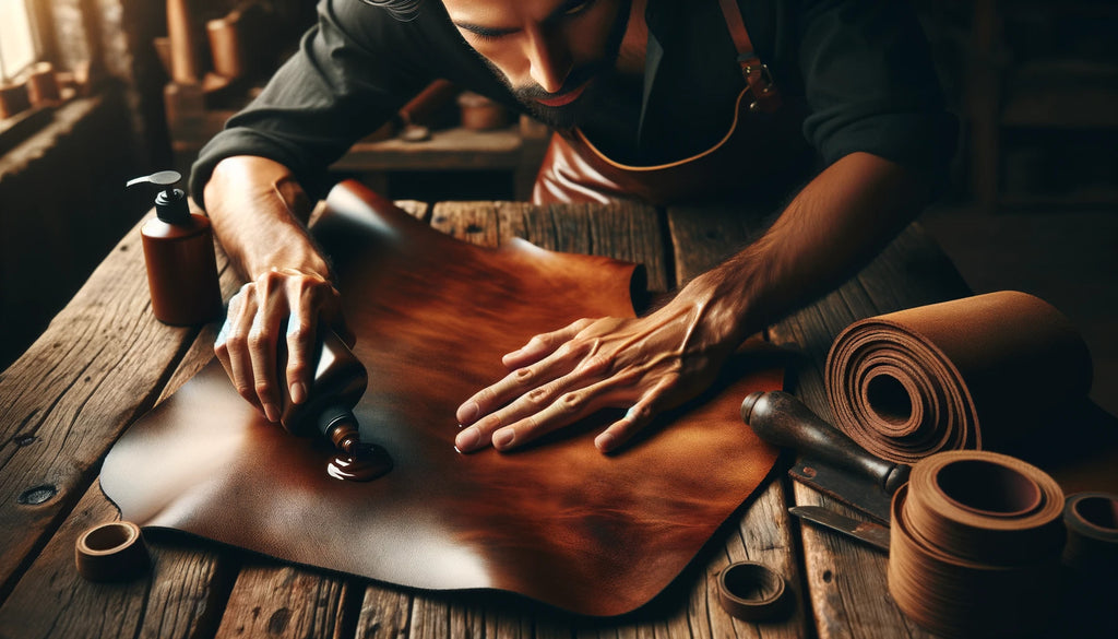 man conditioning a full grain leather piece on a wooden table