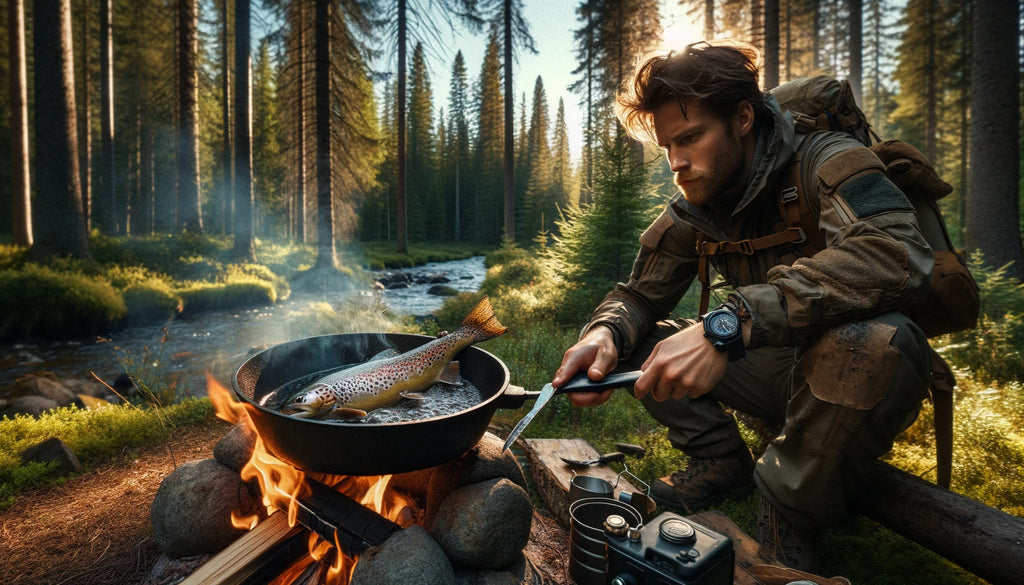 man cooking a wild trout on a pan in a forest