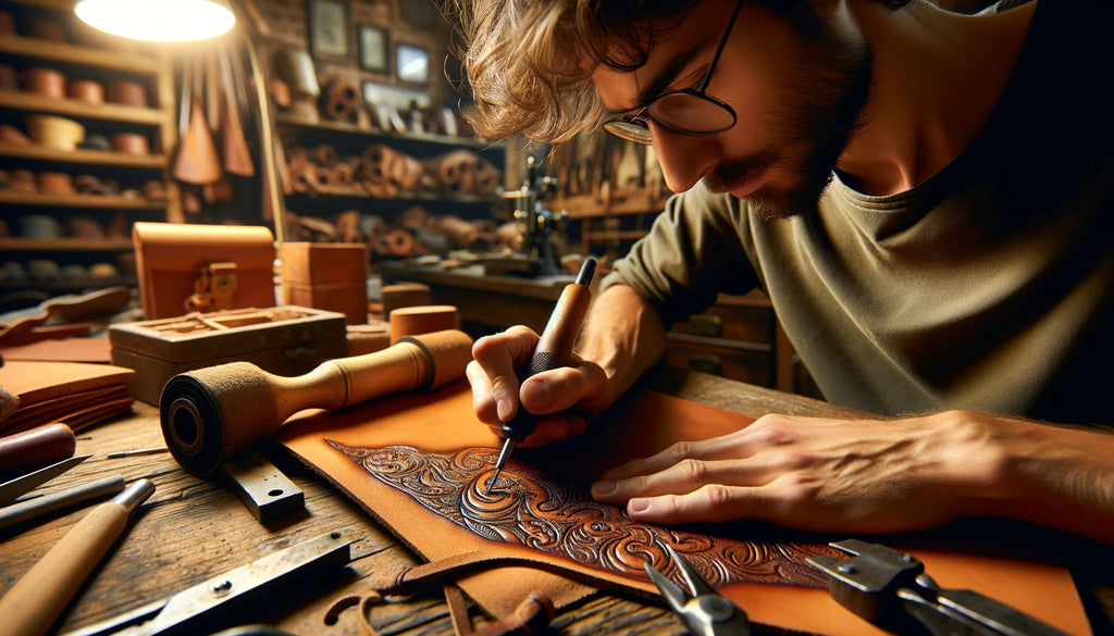 man doing leather pyrography work on vegetable tanned leather