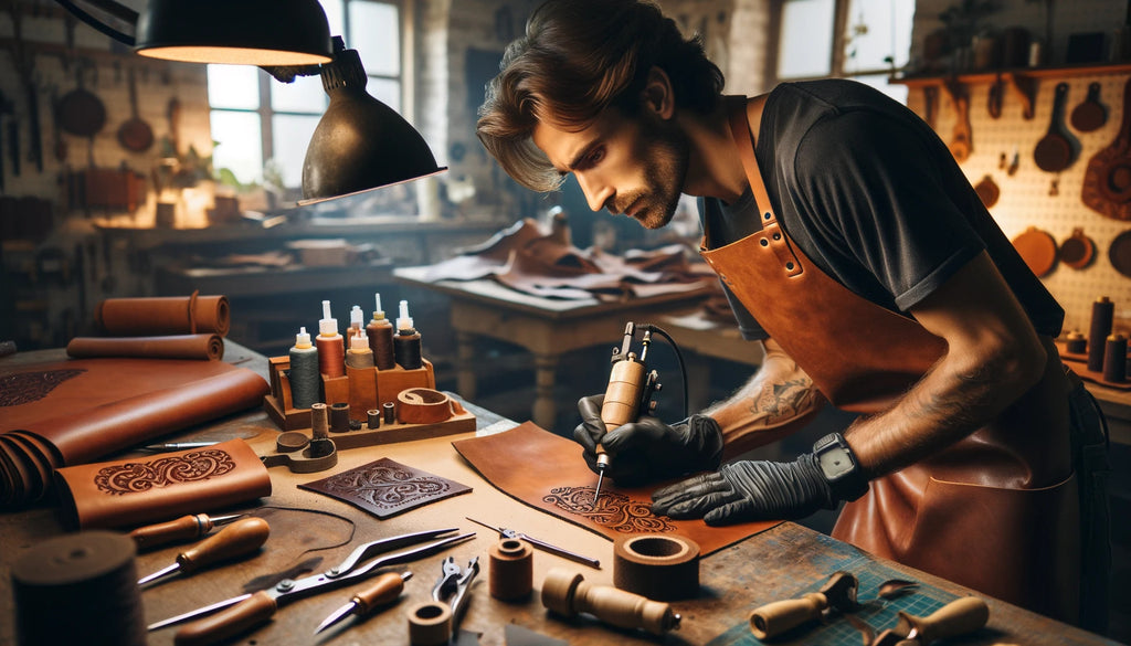 man engaged in leather pyrography in his workshop actively using a pyrography tool on a leather piece