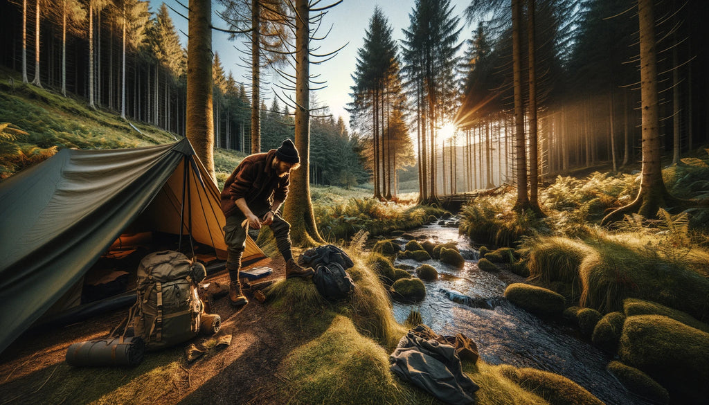 man setting up camp in the wilderness