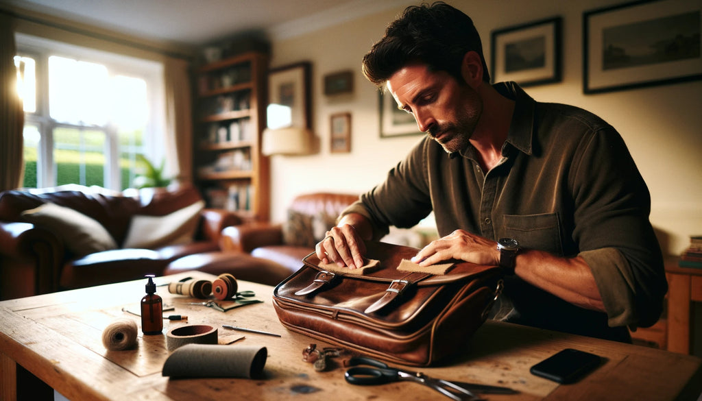 man sitting at his living room table repairing a faux leather messenger bag
