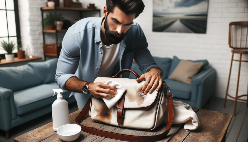 homme à la peau foncée et à la barbe, vêtu d'une chemise bleue, frottant attentivement une tache d'encre sur son sac à bandoulière en cuir blanc à l'aide d'un chiffon blanc.