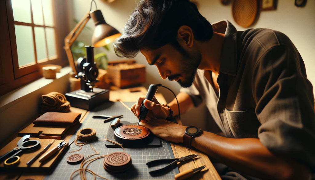 man working at home on a small, circular leather coaster