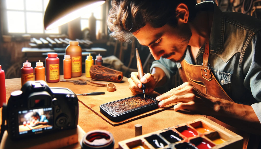 man working on a leather phone case carefully applying color and dyes to an intricately pyrographed leather phone case