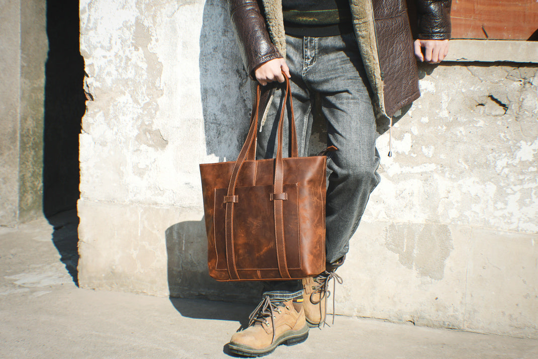 men vintage leather tote bag