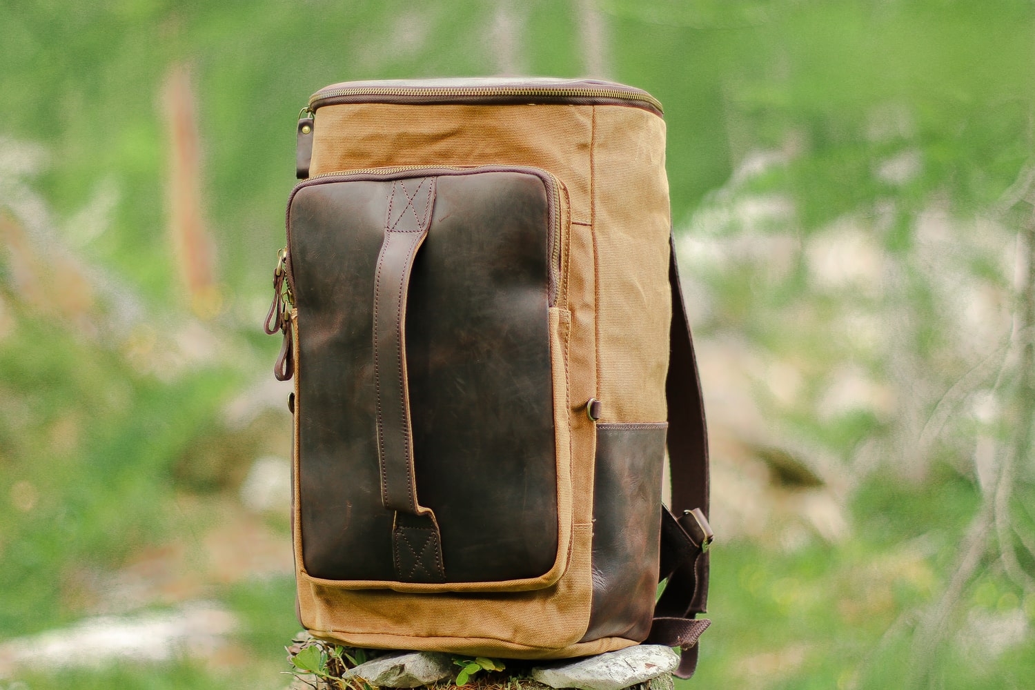 men waxed cotton canvas brown leather vintage canvas backpack