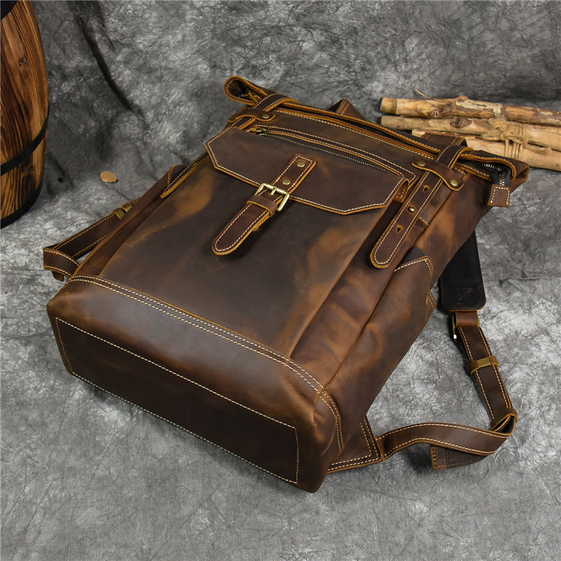 everyday use mens brown vintage leather laptop backpack