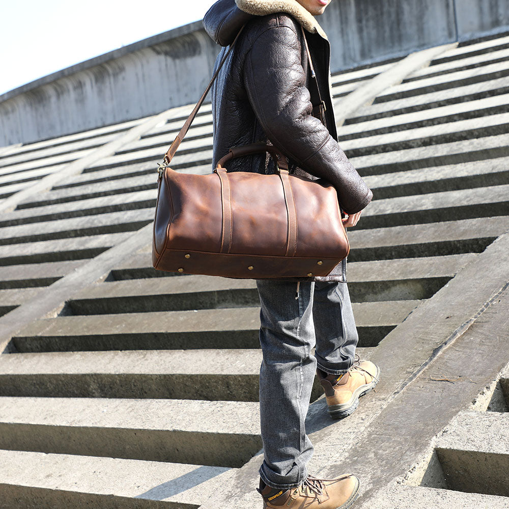 mens brown leather duffle bag