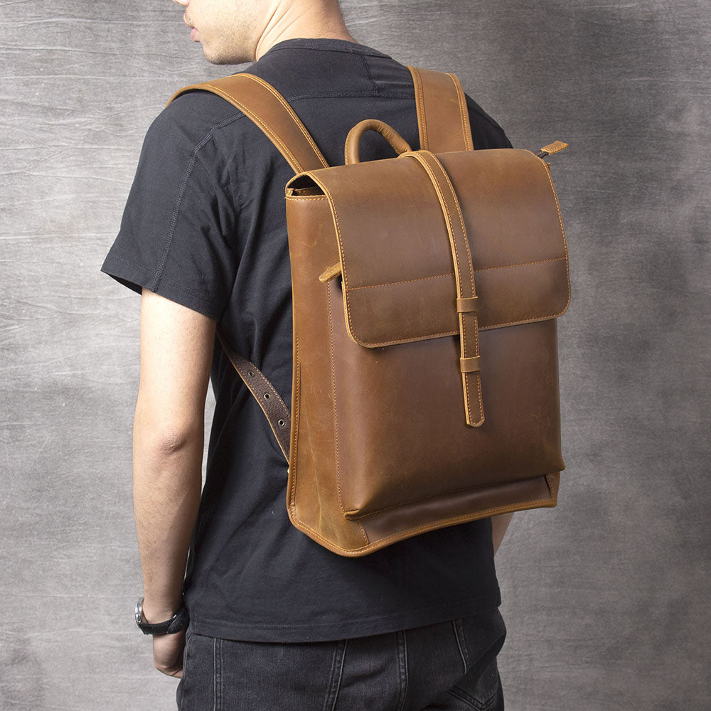 mens cognac leather backpack