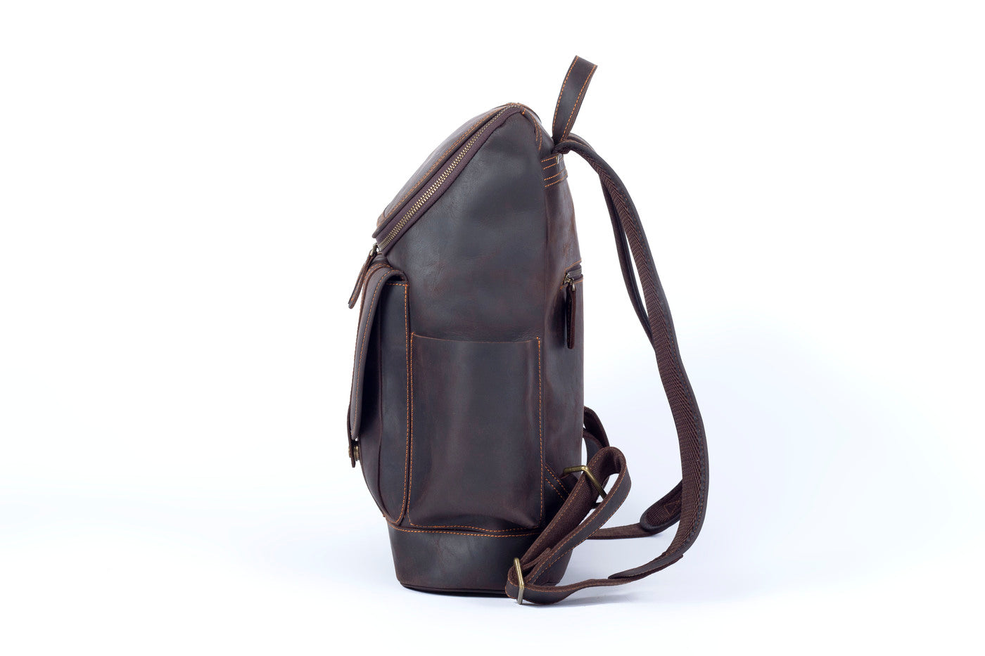 mens classic leather backpack for work with zipped pockets to securely transport a wallet, a coin purse, a card holder or sunglasses