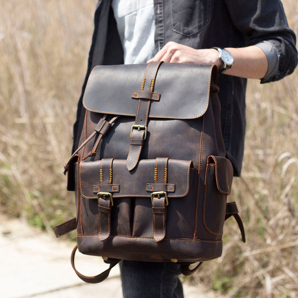 mens tanned leather leather backpack to carry your garment