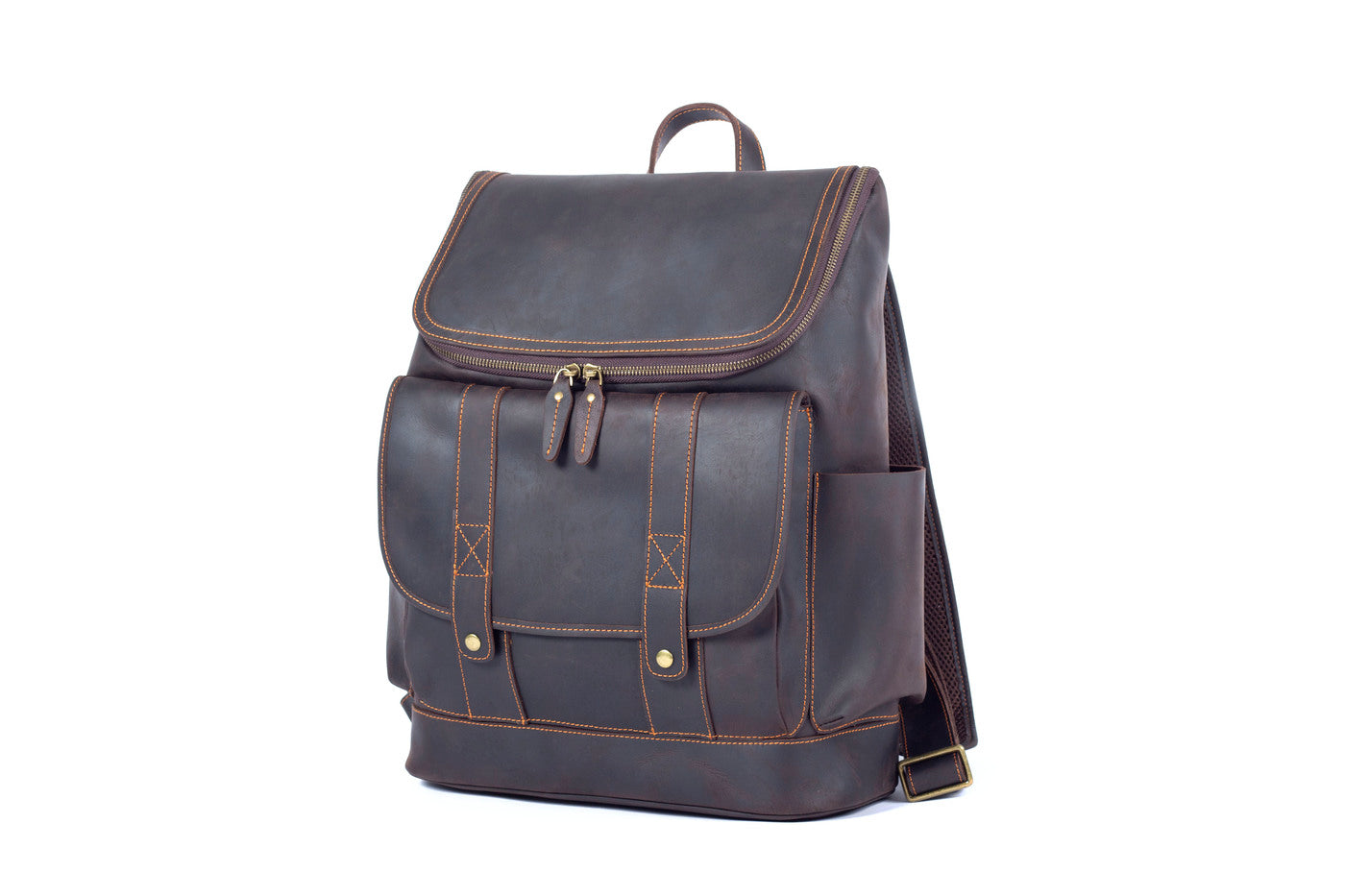 handmade mens real leather work backpack with sturdy stitching and webbing