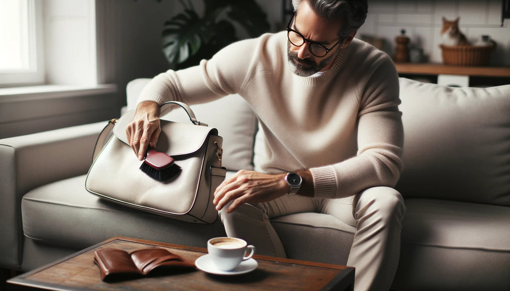 middle aged Caucasian man wearing glasses seated on a couch focusing on dusting his white leather shoulder bag with a soft brush