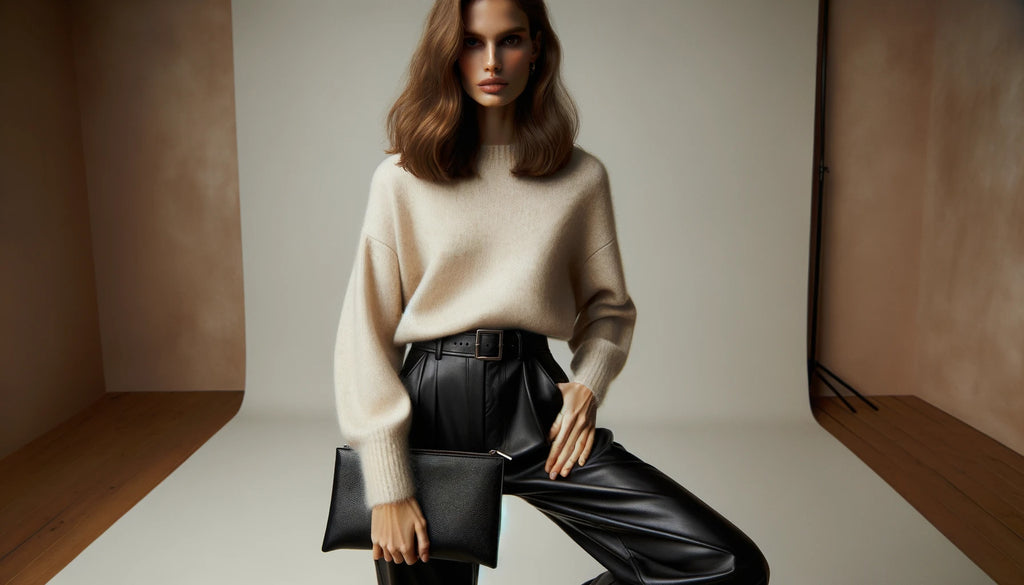 model wearing chic leather pants while holding a clutch bag in her hand