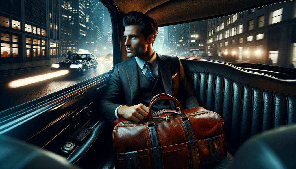 modern businessman in a taxi on his way to a hotel for an overnight business trip with an overnight bag