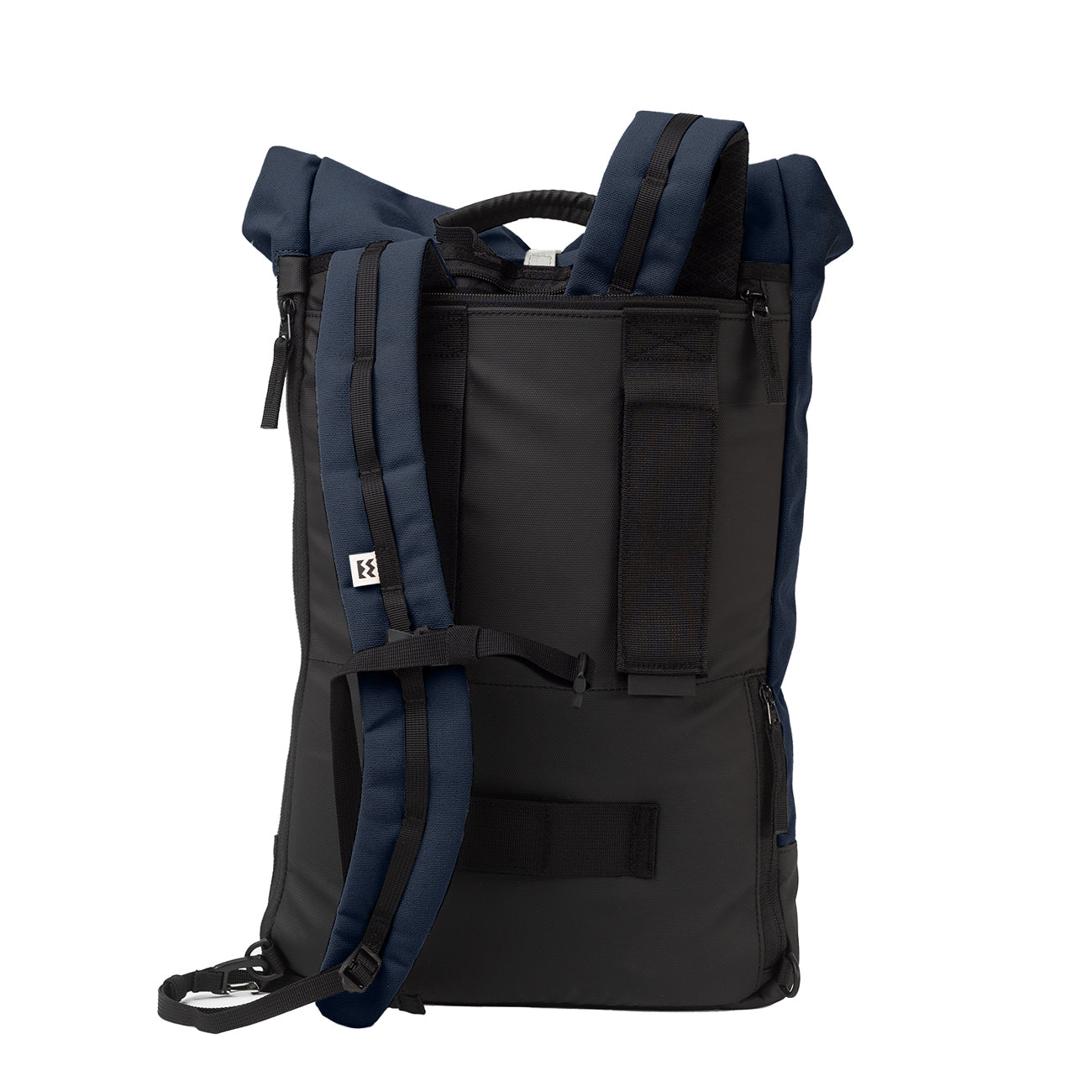 back view navy blue eco friendly backpack from mero mero with a breathable mesh back pannel and adjustable shoulder straps