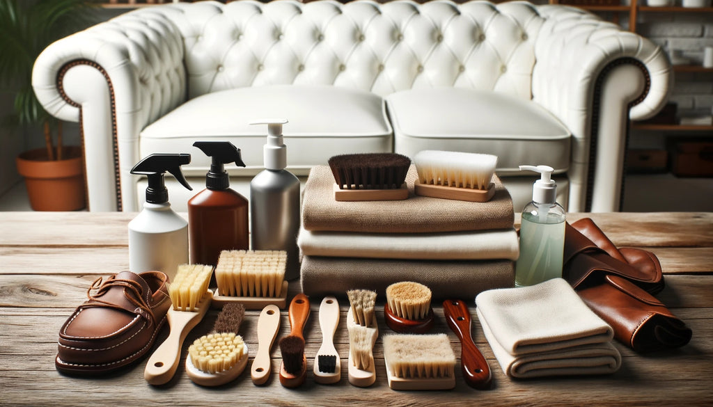 neatly arranged assortment of leather cleaning tools and brushes on a wooden table soft brushes cloth rags and leather
