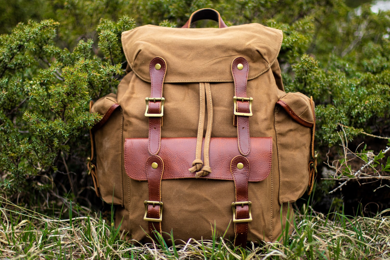 khaki school travel backpack with metallic brass hardware