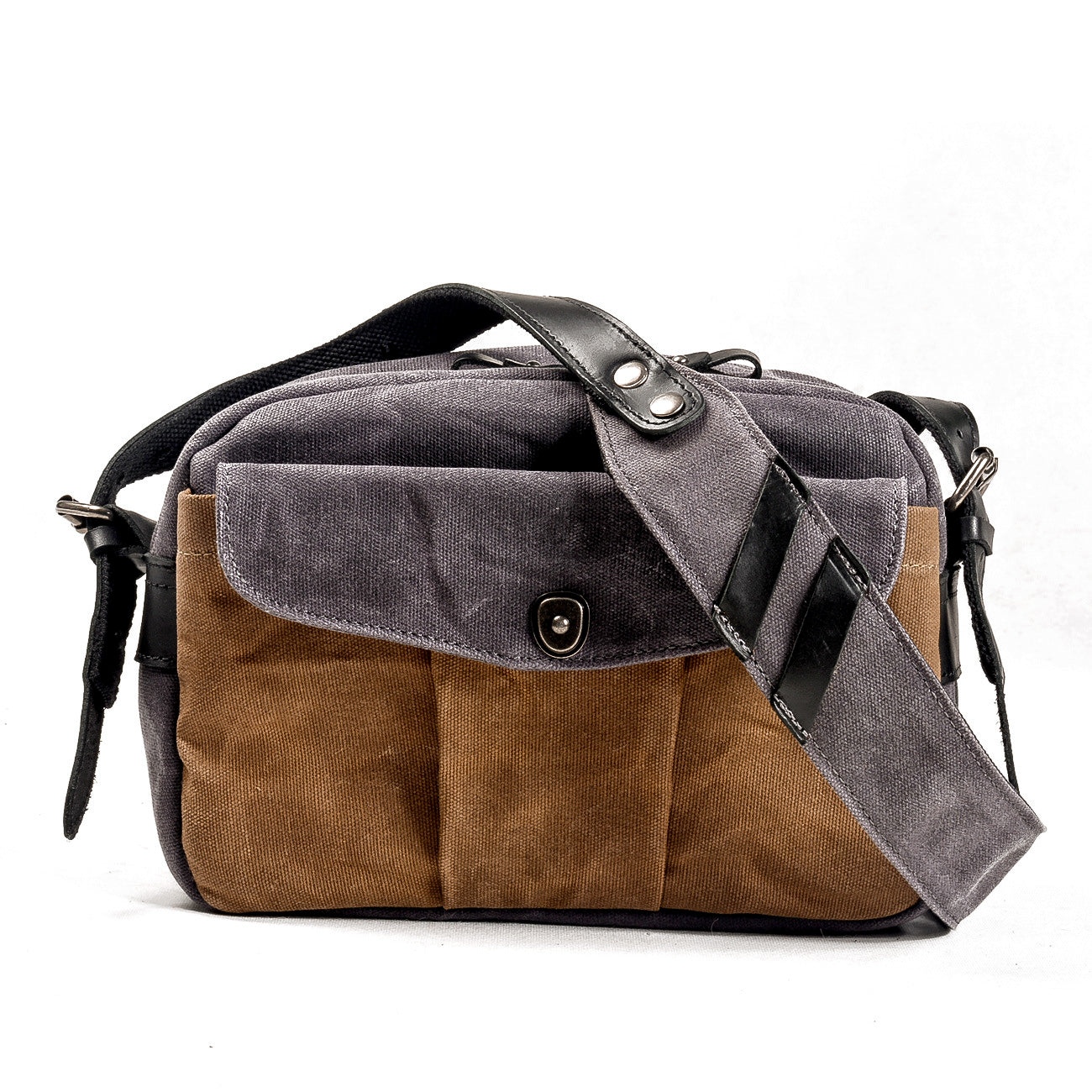 grey over the shoulder camera bag