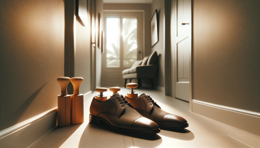 paire de chaussures en simili cuir dans un couloir, bourrées d'embauchoirs pour maintenir leur forme pendant le séchage
