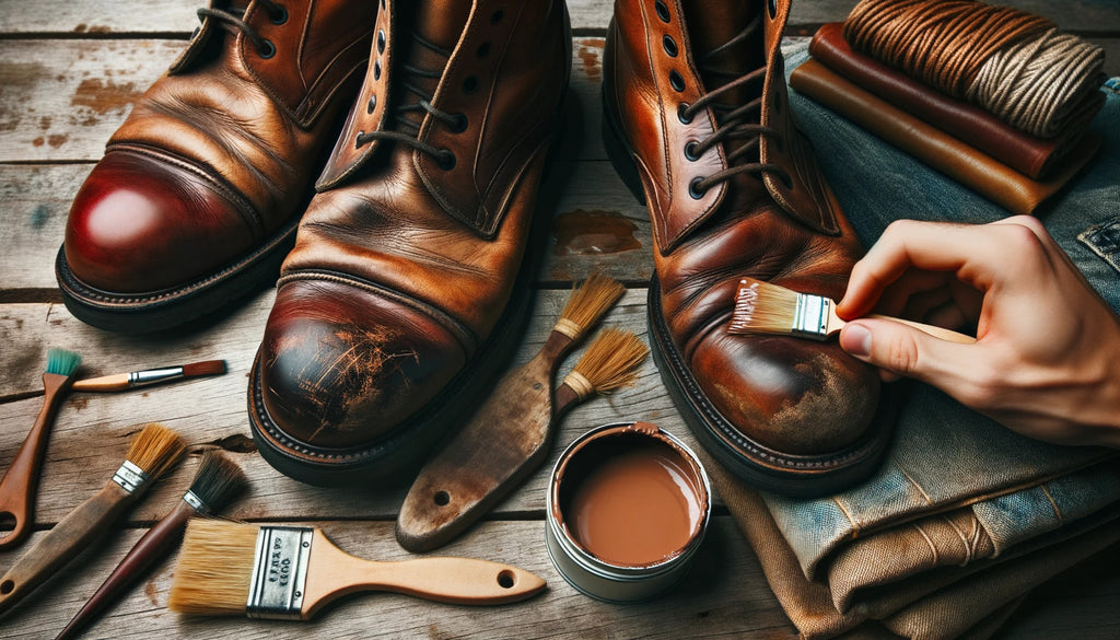 pair of worn out leather boots on a wooden table with noticeable scratches and faded color.