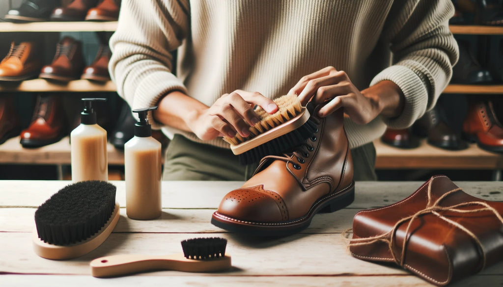 personne brossant délicatement la saleté d'une botte en cuir à lacets à l'aide d'une brosse à poils doux