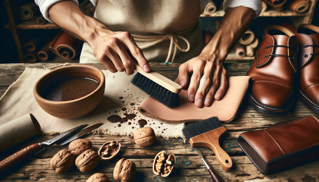 person meticulously brushing a light colored leather piece with a dark walnut hull solution