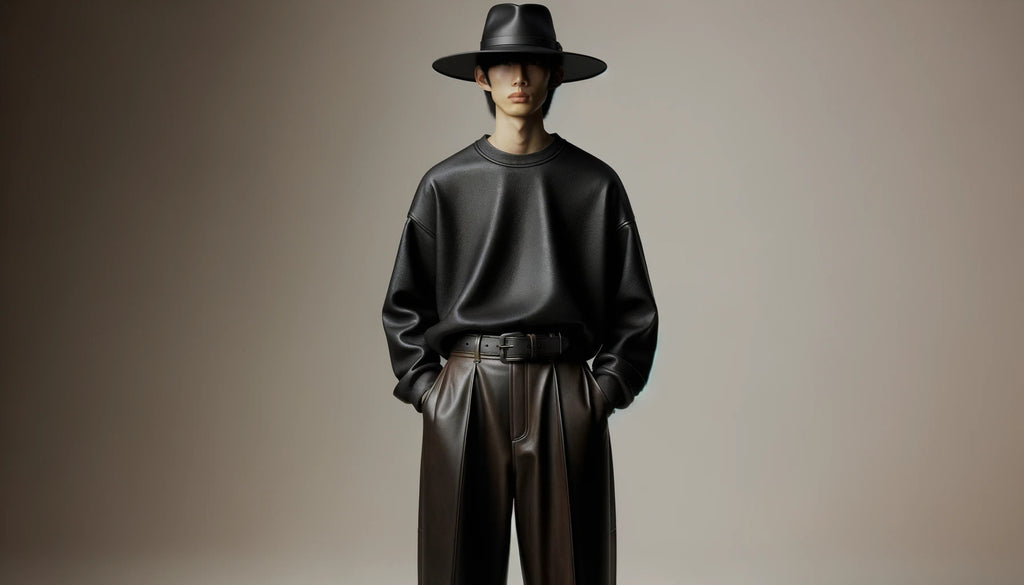 person wearing leather pants paired with a wide brimmed hat standing against a neutral background