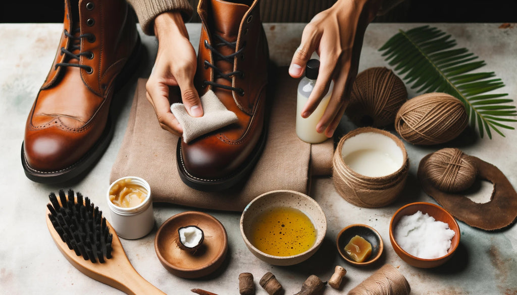 persons hand applying DIY leather conditioner onto a worn out leather boot using a soft cloth The table displays ingredients like coconut oil