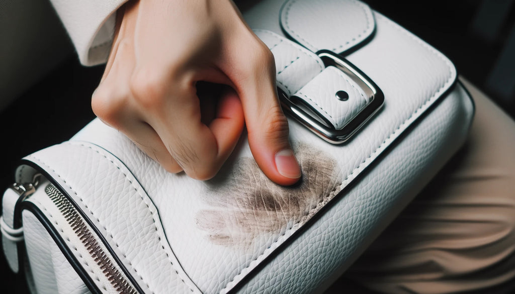 persons hand rubbing a dirty smudge on a white leather purse with their thumb