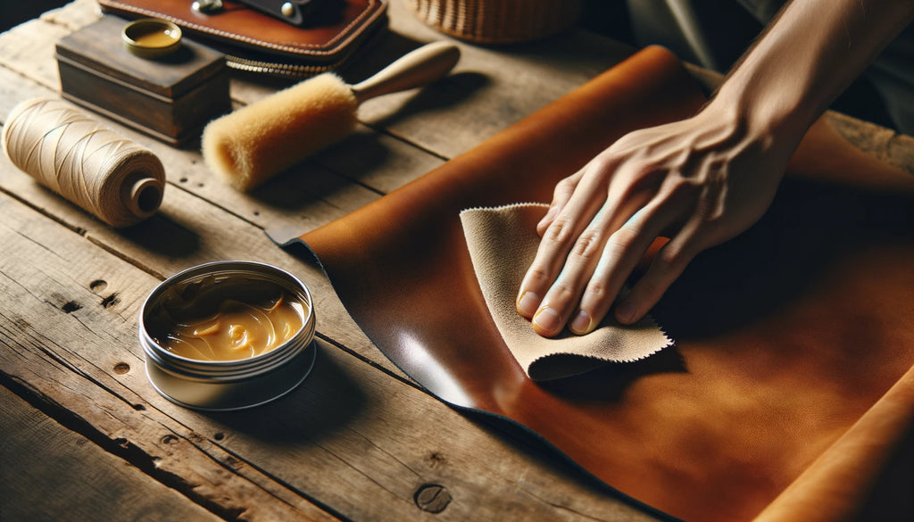 piece of leather laid flat on a wooden table Next to a small tin of beeswax polish and a soft cloth