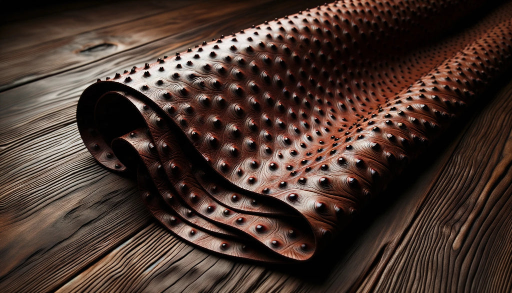 pièce de cuir d'autruche de luxe drapée sur une table en bois avec texture et motifs de piquants distinctifs du cuir
