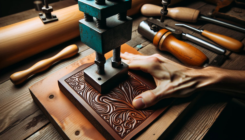 process of leather embossing where a piece of leather is clamped to a wooden table A heated tool is being pressed onto it