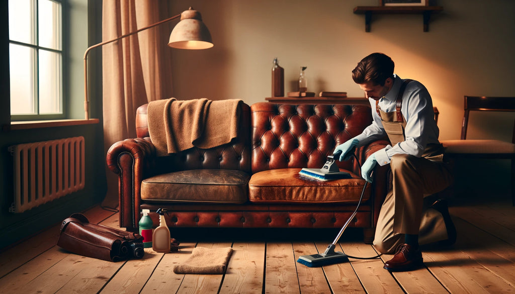 professional cleaner meticulously working on a worn out leather couch using specialized leather cleaning equipment